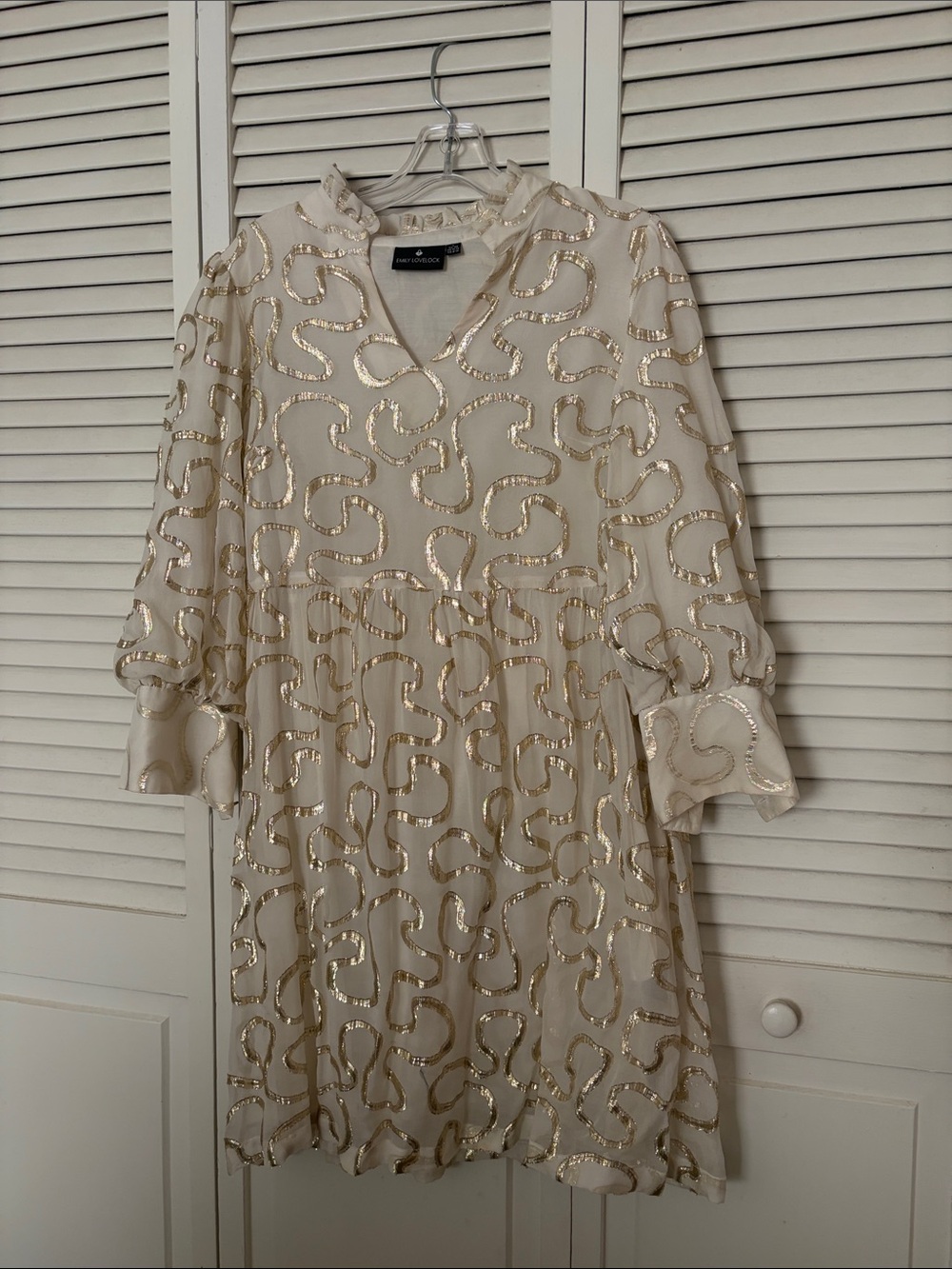 Emily Lovelock Cream Dress with Gold Sequin Swirl Pattern L